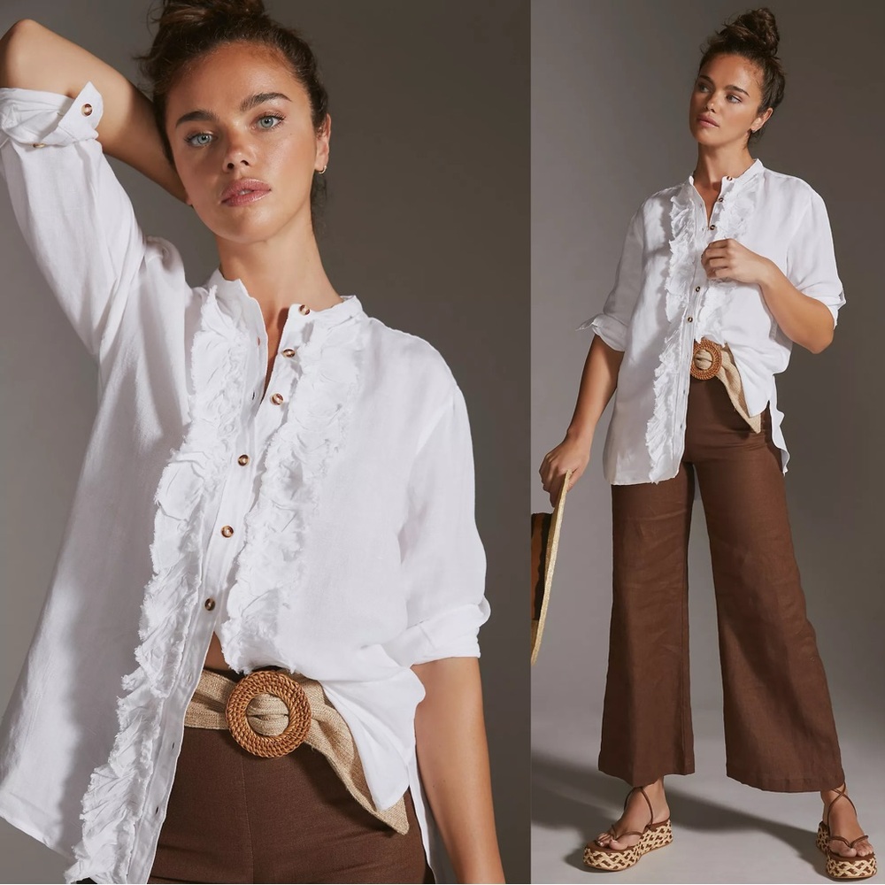 Anthropologie Pilcro Ruffled Placket Button Down Shirt Longsleeve Linen Blend M